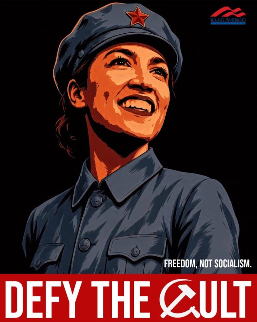 Freedom, Not Socialism. Defy the Cult poster featuring Alexandria Ocasio-Cortez