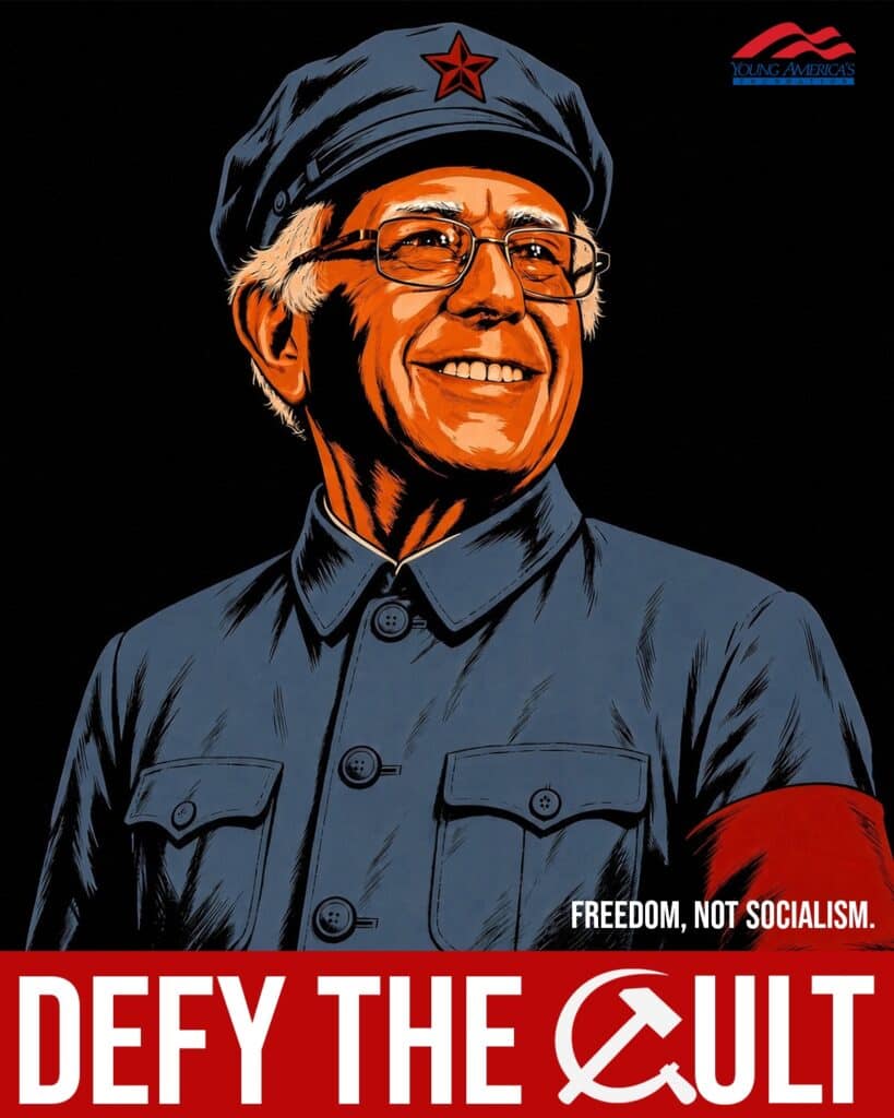 Freedom, Not Socialism. Defy the Cult poster featuring Bernie Sanders