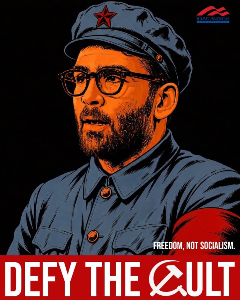 Freedom, Not Socialism. Defy the Cult poster featuring Hasan Piker